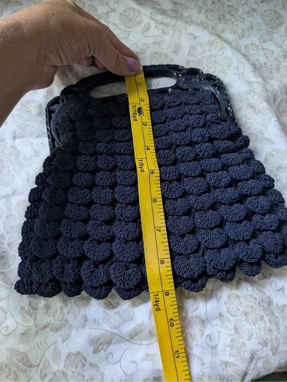 Vintage navy blue Knitted Handbag with Decorative Frame Handle